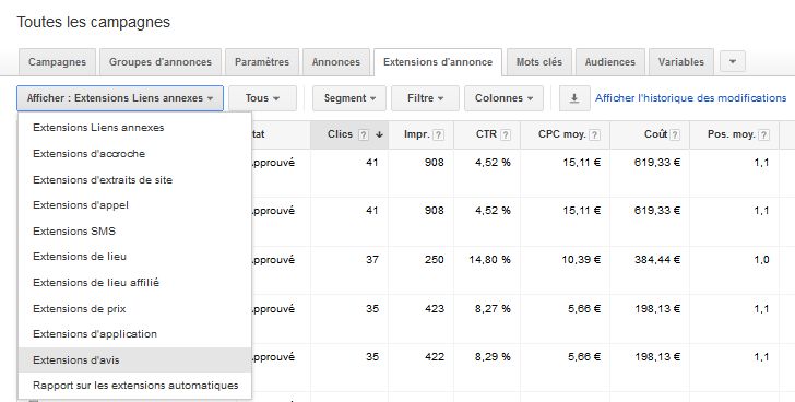 extension adwords ancienne inteface